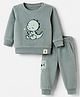 Little Darlings Velvet Knit Full Sleeves Winter Sweatshirt and Jogger with Full Length and Dinosaur Embroidered Patch- Green