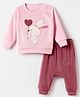 Little Darlings Velvet Knit Full Sleeves Winter Wear Suit With Bunny Patch - Pink