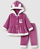 Little Darlings Velvet Knit Front Open Full Sleeves Winter Hooded Top and Pant with Rabbit Patch & Applique - Pink