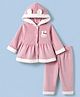 Little Darlings Velvet Knit Front Open Full Sleeves Winter Hooded Top and Pant Winter Wear Suit with Rabbit Patch - Peach