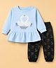 Little Darlings Cotton Knit Full Sleeves Top & Joggers Set With Swan Patch - Light Blue