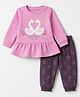 Little Darlings Cotton Knit Full Sleeves Frill T-Shirt and Joggers With Swan Applique - Pink