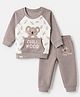 Little Darlings Cotton Knit Full Raglan Sleeves T-Shirt and Pant with Leaves Print and Koala Patch - Grey