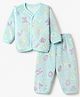 Little Darlings Jacquard Knit Front Open Full Sleeves T-Shirt & Pajama Night Suit with Alphabet Print - Green