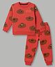 Doreme Fleece Knitted Full Sleeves Winter Wear T-Shirt & Joggers Set with Animal Print - Rust Orange