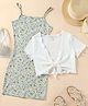 STH Knitted Floral Printed Dress With Half Sleeves Solid Shrug - Green