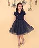 Cutecumber Net Woven Half Sleeves Stars Foil Printed Dress - Navy Blue