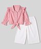 Babyoye 100% Cotton Woven Full Sleeves Top & Pants With Stripe Print - White & Pink