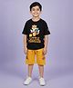 Kiddopanti Cotton Knit Half Sleeves Little Traveller Text Printed Tee & Cargo Shorts Set - Black & Mustard