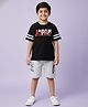 Kiddopanti Cotton Knit Half Sleeves Japan Theme Printed Tee & Cargo Shorts Set - Black & Steel