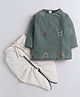 Polka Tots Cotton Woven Full Sleeves Floral & Sheep Embroidered Angarakha Dhoti Kurta Set - Olive Green & White