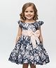 The Kids Club Cotton Blend Woven Half Flutter Sleeves Floral Printed & Bow Applique Detailed Dress - Blue