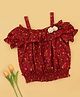 Cutecumber Woven Half Puffed Sleeves Floral Printed & Applique Detailed Top - Maroon