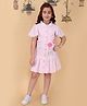 Cutecumber Cotton Woven Half Sleeves Checked Floral Embroidered & Applique Detailed Dress - Pink