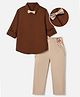 Mark & Mia Cotton Woven Full Sleeves Solid Shirt & Trousers Set With Bow & Suspender - Beige & Brown