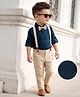 Mark & Mia Cotton Woven Full Sleeves Solid Structured Party Shirt & Trouser Set With Bow & Suspender - Navy Blue