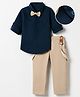 Mark & Mia Cotton Woven Full Sleeves Solid Structured Party Shirt & Trouser Set With Bow & Suspender - Navy Blue