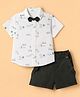 Simply Premium Poplin Half Sleeves Car Printed Shirt & Shorts Set with Bow & Suspender - Green
