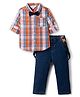 Mark & Mia 100% Cotton Woven Checked Shirt & Denim Pant Set With Bow & Suspender - Pink