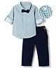 Mark & Mia Cotton Woven Full Sleeves Solid Party Shirt & Trouser Set With Bow & Suspender - Light Blue