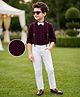 Mark & Mia 100% Cotton Woven Full Sleeves Solid Party Shirt & Pant Set With Bow & Suspender - Maroon & White