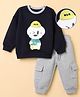 Mark & Mia Fleece Knit Full Drop Shoulder Sleeves Winter Sweatshirt and Jogger Set with Dog Applique - Navy Blue
