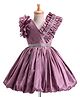 Enfance Net Woven Half Sleeves Flower Corsage Pleated Pattern Flared Party Dress With Rhinestones Embellishment- Mauve