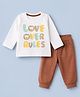 Doodle Poodle 100% Cotton Single Jersey Knit Full Sleeves T-Shirt and Joggers Set with Lion Text Print - White & Brown