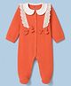 Babyhug Cotton Knit Full Sleeves Footed Sleepsuit with Bow & Peter Pan Collar - Coral