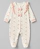 Babyhug Cotton Knit Full Sleeves Footed Sleep Suit with Bunny  Print & Bow Applique - Cream