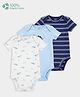 Carter's Cotton Woven Half Sleeves Striped Onesies With Whale & Dinosaur Print Pack of 3 - White & Navy Blue