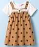 Babyhug Poplin Woven Half Sleeves Polka Dots Printed & Floral Applique Frock With Inner Tee & Lace Detailing  - Brown