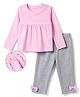 Babyhug Cotton Knit Full Sleeves Top & Pyjama Night Suit with Dotted Print & Bow Applique - Pink