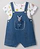ToffyHouse Interlock Knit Half Sleeves T-Shirt & Dungaree with Floral Print & Bunny Embroidered - Navy Blue & White