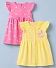 Babyhug Single Jersey Knit Half Sleeves Floral Printed Dress With Butterfly Embroidery Pack of 2 - Pink & Yellow