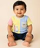 CANDY HOUSE Knitted Half Sleeves Animal Embroidered Colour Blocked Tee & Shorts Set   - Multi Colour