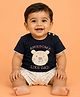 CANDY HOUSE Knitted Half Sleeves Animal & Awesome Like Dad Text Embroidered  Tee & Shorts Set - Navy Blue