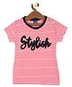 TRENDY ZONE Cotton Knit Half Sleeves Stylish Text Embroidered Striped Tee - Red