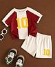 TRENDY ZONE Knit Half Sleeves Numerical Printed Colour Blocked Tee & Shorts Set - Red