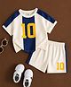 TRENDY ZONE Knit Half Sleeves Numerical Printed Colour Blocked Tee & Shorts Set - Blue