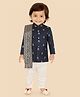 ETHNIKS NEURON Silk Woven Full Sleeves Floral Motif Printed Kurta Pyjama Set With Embroidered Dupatta - Navy Blue