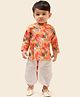 little desi Silk Woven Full Sleeves Feathers Printed Side Tie Up Detailed Kurta & Dhoti  Set - Multi Colour