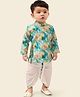 little desi Silk Woven Full Sleeves Feathers Printed Side Tie Up Detailed Kurta & Dhoti Set - Multi Colour
