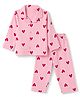 Babyhug Cotton Knit Full Sleeves Co-Ords Front Open Shirt & Pyjama Night Suit with Heart Print - Pink