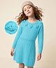 Hola Bonita Textured Knit Woolen Dress with Full Sleeves and Floral Applique - Aqua Blue