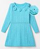 Hola Bonita Textured Knit Woolen Dress with Full Sleeves and Floral Applique - Aqua Blue
