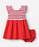 Babyhug 100% Cotton Single Jersey Knit Half Sleeves Striped Frock with Bloomer Set & Bear Patch - Red