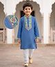 EARTHY TOUCH Chambray Woven Washed Full Sleeves Printed Yoke Kurta Pajama Set - Blue