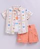 LITTLE COLLARS Cotton Woven Half Sleeves Beach Theme Printed Shirt & Shorts Set With Tee - Peach