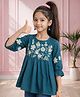 ISHTI Cotton Rayon Woven Three Fourth Sleeves Floral Embroidered Top - Teal